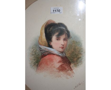 19th Century oval mounted head and shoulder watercolour portrait of a lady, signed with initials A.V.H., gilt framed