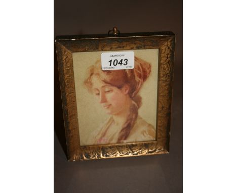 Miniature portrait watercolour, study of a young lady with red platted hair, 5ins x 4ins
