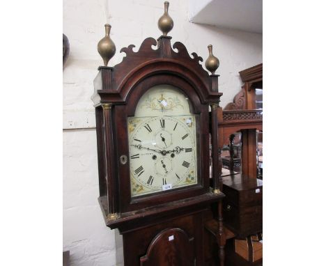 George III mahogany longcase clock, the arched hood with shaped pediment above an arched door, the painted enamel dial with R