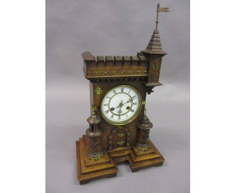 19th Century German oak mantel clock in the form of a castle keep with a two train movement striking on a gong