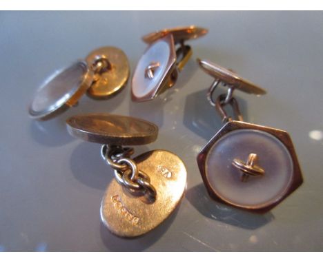 Pair of 9ct yellow gold oval cufflinks, together with another pair of Continental yellow gold mother of pearl button style cu
