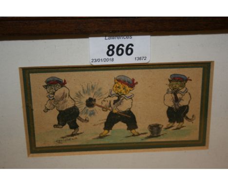 Small hand coloured print, ' Three Cats ' after Louis Wain, oak framed