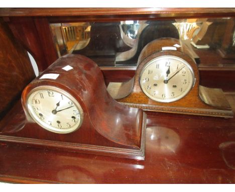 Early to mid 20th Century mahogany cased three train mantel clock together with a similar oak cased two train mantel clock