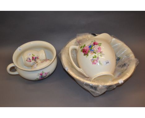 Early 20th Century floral decorated pottery jug and basin set with chamber pot, soap dish and brush holder