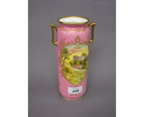 Royal Doulton cylindrical porcelain vase painted with a panel of Harlech Castle