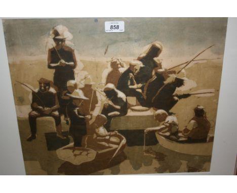20th Century lithographic print, group of figures fishing, indistinctly signed in pencil, 14ins x 17ins