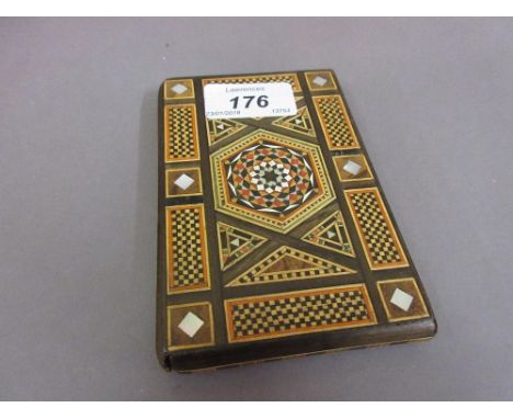 Syrian parquetry inlaid cigarette case with slide action side panel