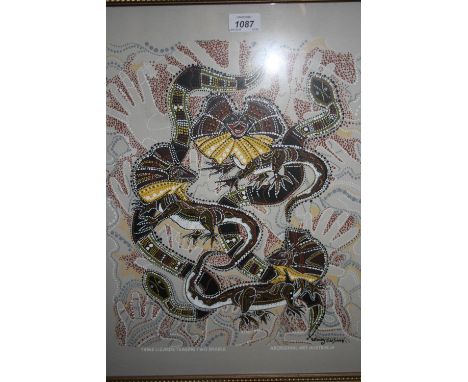 Danny Eastwood, Aboriginal Art Australia painting, entitled ' Three Lizards Teasing Two Snakes ', gilt framed, together with 