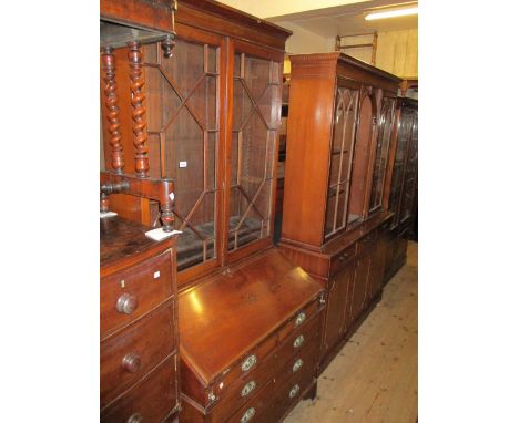 George III mahogany and oak chequer inlaid bureau bookcase, the moulded cornice above a pair of astragal glazed doors, the ba