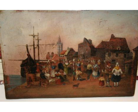 Pair of unframed antique oils on panel, figures on Dutch quaysides, both 4.5ins x 6.5ins