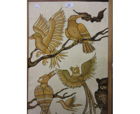 Large framed batik style print on fabric of various birds, small framed crewel work panel and another small framed needlework