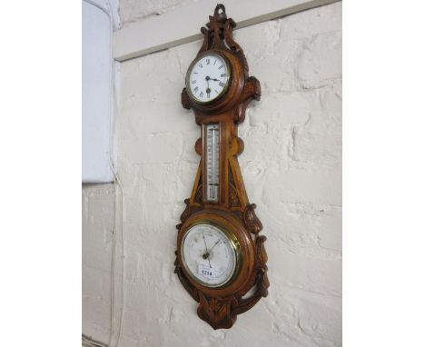 19th Century carved barometer with integral clock having enamel dial with Roman numerals and single train keywind movement