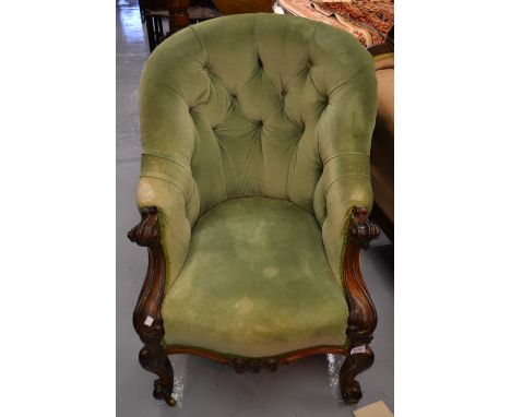 Victorian carved rosewood green button upholstered tub shaped drawing room chair on cabriole front supports