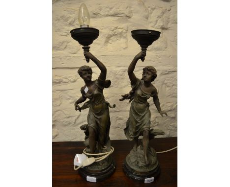 Pair of 19th Century French spelter figural table lamp bases on turned marble bases (lacking shades)