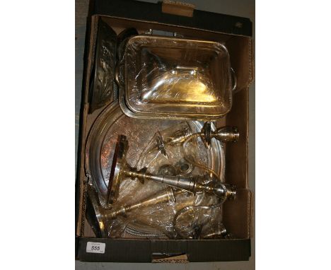 Pair of silver plated three light candelabra and other miscellaneous plated items