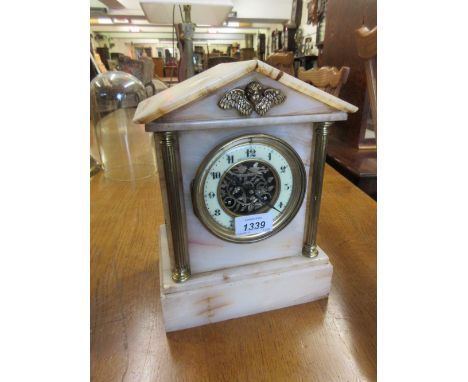 19th Century French alabaster and gilt brass mounted mantel clock, the enamel dial with Arabic numerals and fretwork centre, 