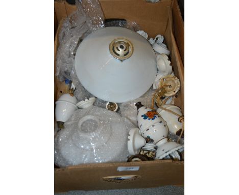 Box containing five porcelain rise and fall mechanisms and five opal glass shades