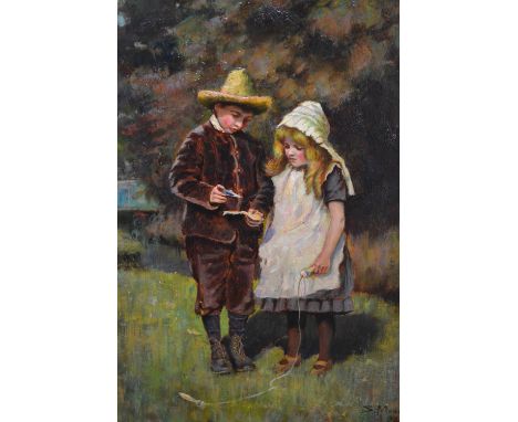 Sidney Moore, oil on panel ' A Burning Question ', signed S. Moore and dated '94, original label verso, 14ins x 9.74ins, in a
