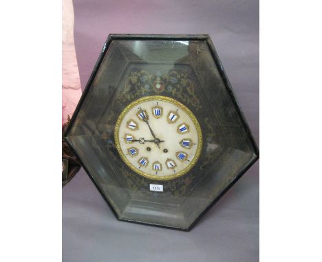 French ebonised and inlaid vineyard style two train wall clock, the 9in alabaster dial with Roman cartouche enamel numerals w