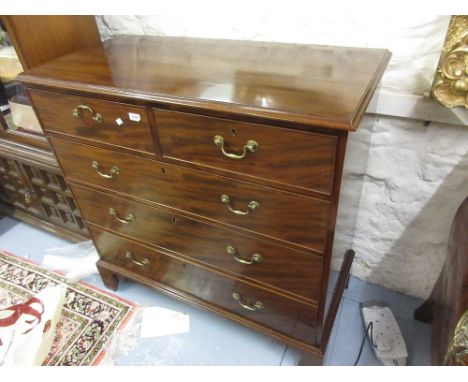 George III mahogany straight front chest of two short and three long drawers with brass swan neck handles raised on bracket f