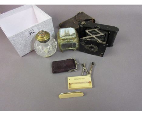 Small brass and cut glass box, the cover decorated with a view of Ostend (lacking base), a cut glass, brass and copper inkwel