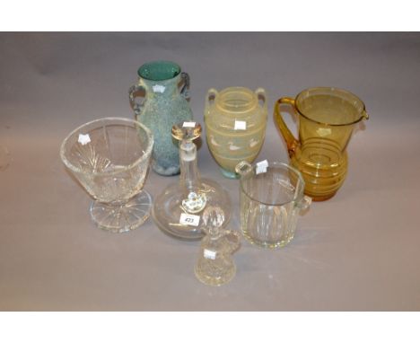Two Art Glass vases, decanter with stopper, an ice bucket and three other glass items