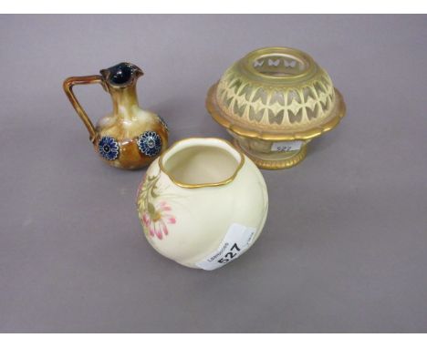Royal Worcester vase decorated with flowers, another Worcester dish and Royal Doulton jug