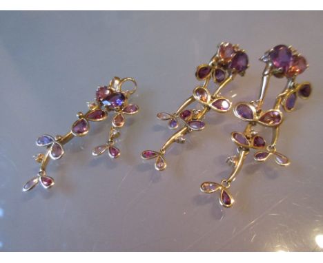 Pair of 18ct yellow gold drop earrings with matching pendant, set amethyst, pink tourmaline and diamonds