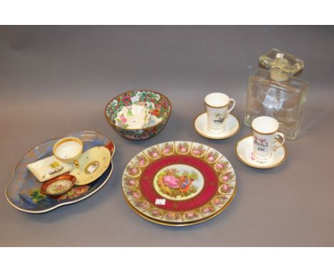 Pair of Worcester botanical coffee cups with saucers, modern Canton bowl, Royal Doulton floral decorated lozenge shaped dish 