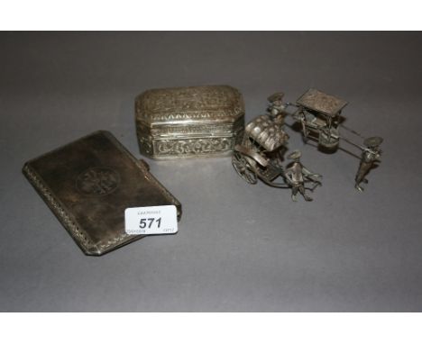 Indian white metal cigarette case engraved with an elephant, two oriental white metal rickshaw groups and an oriental white m