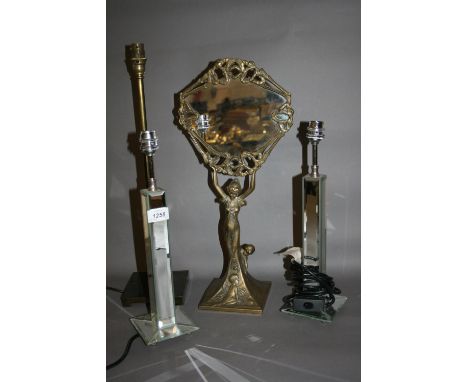 Pair of mirrored table lamps, reproduction Art Nouveau table mirror and a brass table lamp