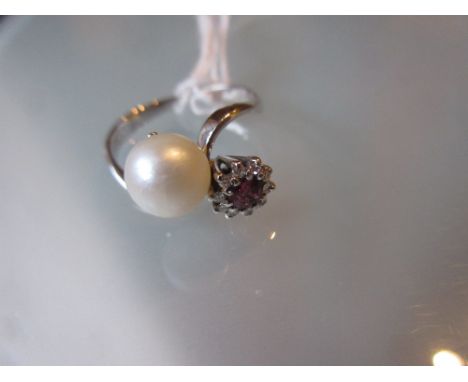 18ct White gold pearl, ruby and diamond twist ring