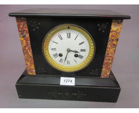 Small black slate and rouge marble two train mantel clock