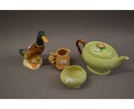 Carlton Ware Wild Rose pattern teapot (at fault), sugar bowl, large Beswick figure of a mallard and a miniature Sylvac squirr