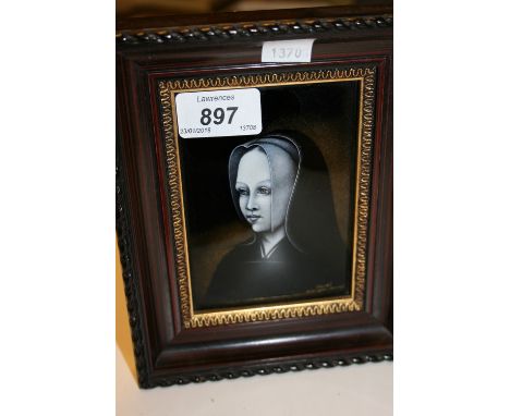 Small 20th Century Limoges enamel plaque, head and shoulder portrait of a young lady, inscribed Faure, Limoges, France, 4.5in
