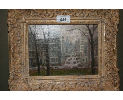 Attributed to Lord Methuen, oil on panel, view of a London street with trees on a green to the foreground, label fragment ver