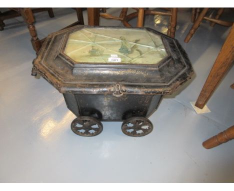 Regency toleware coal purdonium, the hinged cover inset with a print, children on a beach (glass at fault)