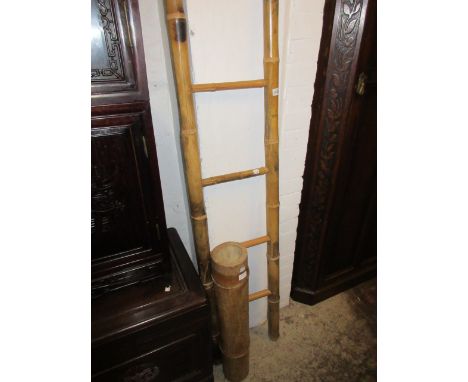 Five matching Oxfordshire wooden fruit crates, a bamboo ladder and large bamboo candlestand