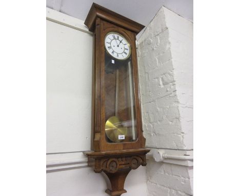 19th Century walnut cased Vienna style wall clock, the enamel dial with Roman numerals and two train weight driven movement