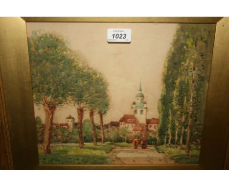 George Graham, watercolour, figures on horseback before a town, signed and dated 1910, gilt framed, bearing label verso, 10in
