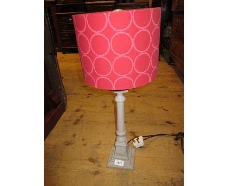 Wooden grey painted table lamp base with red shade, together with another modern black table lamp base with cream shade