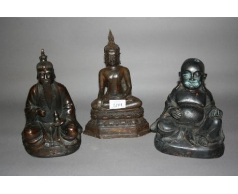Three various small brown patinated bronze seated Buddha figures