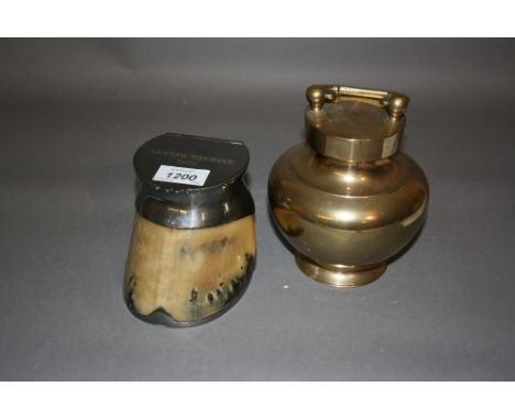 Metal mounted horses hoof inkwell together with an oriental brass baluster form container with screw lid