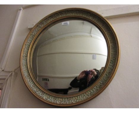 Circular gilt framed convex mirror together with a brass stick stand and a copper warming pan