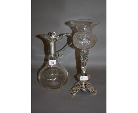 Silver plated and glass claret jug and a silver plated and cut glass single stem epergne (glass at fault)