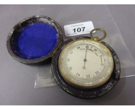 19th Century gilt brass pocket barometer, housed in a leather case