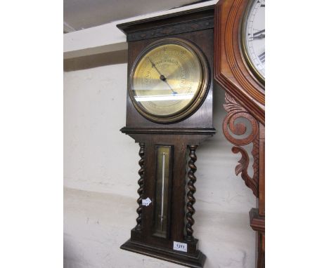 1930's Oak aneroid barometer thermometer with barley twist uprights