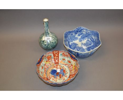 Imari bowl, Spode blue and white bowl and a Tuscan bottle vase