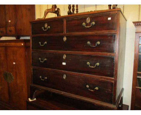 19th Century mahogany chest of two short over three long graduated drawers having cast brass swan neck handles raised on brac