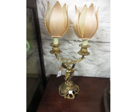 Good quality late 19th or early 20th Century gilt brass twin light candelabra in the form of seated putto supporting a flower